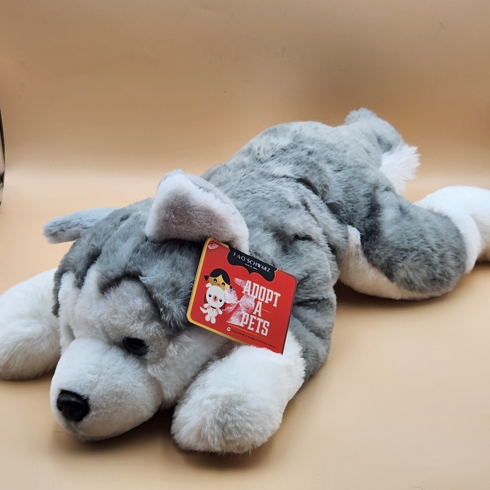 FAO Schwarz Adopt a Pet Bobo The Huskey Grey White Puppy Dog Plush Animal Toy